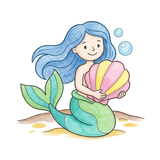 Mermaid coloring page: Mermaid Shell Gift, colored example