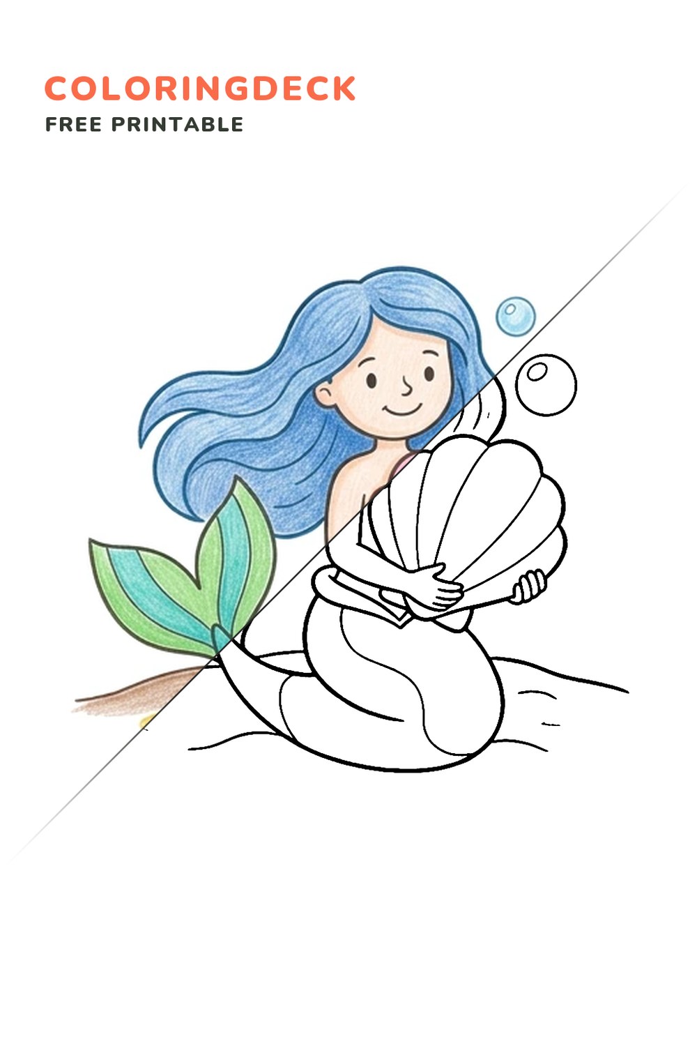 Mermaid Shell Gift coloring page, free printable: half colored, half outline