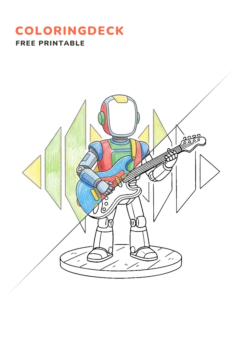 Robot Musician coloring page, free printable: half colored, half outline