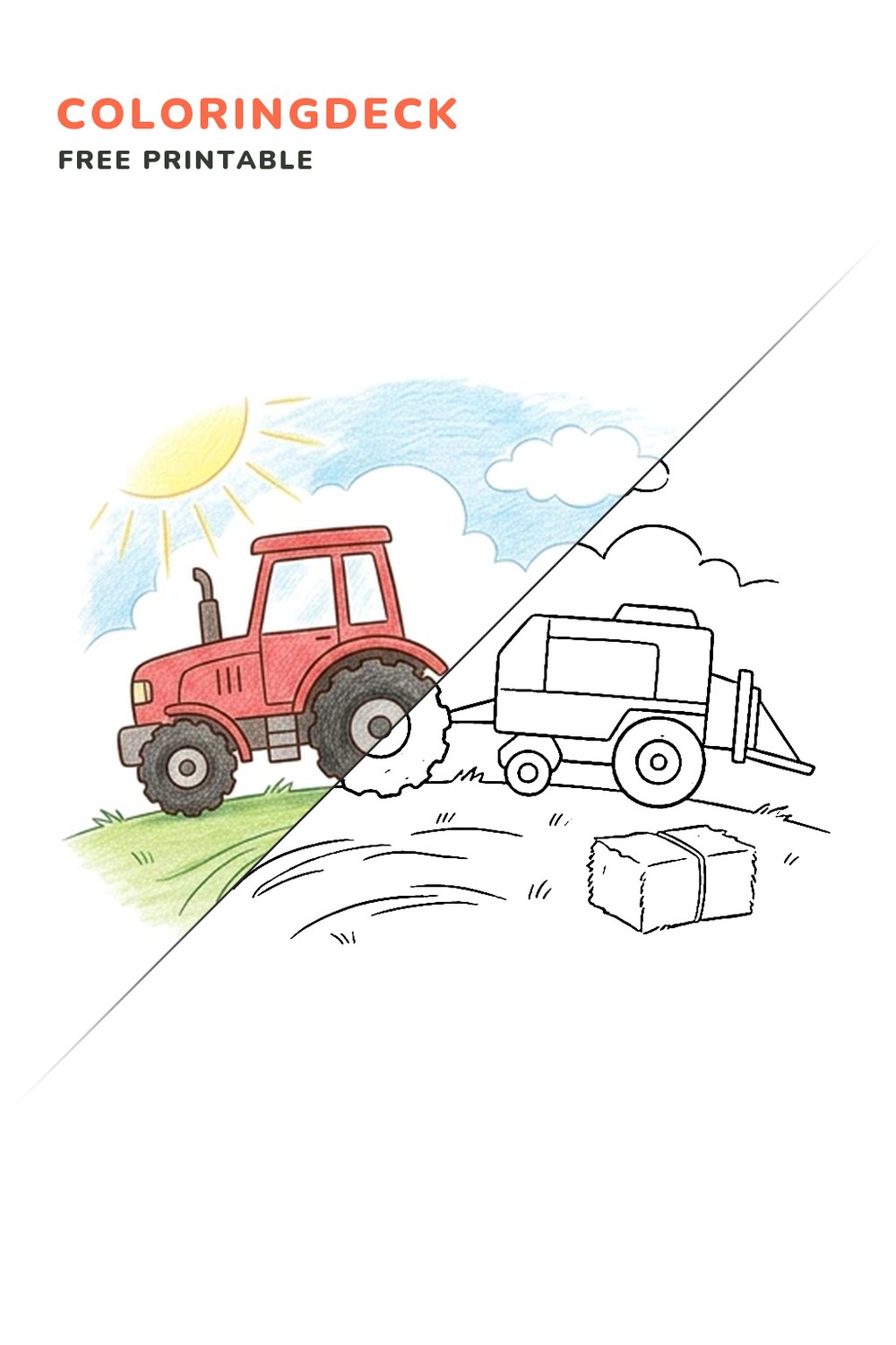 Hay Baler Field coloring page, free printable: half colored, half outline