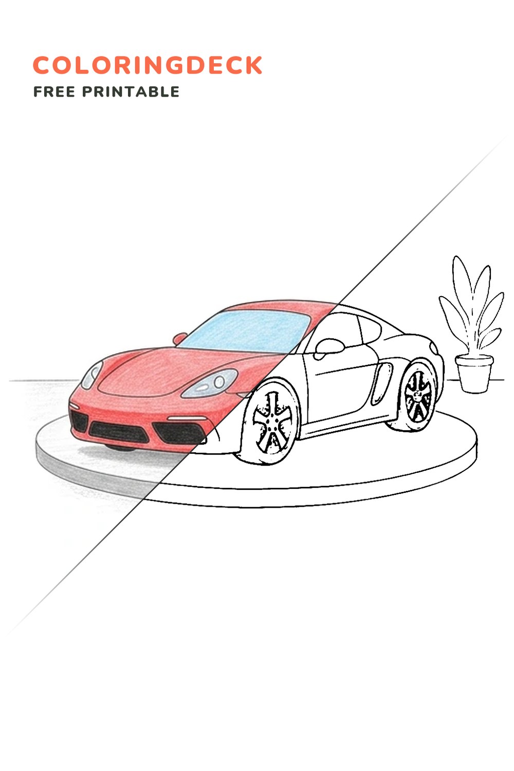 Red Racing Coupe coloring page, free printable: half colored, half outline