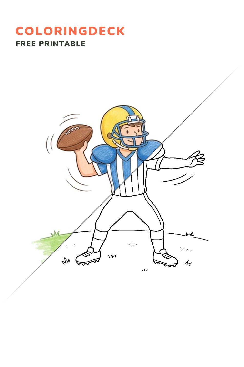 Quarterback Pass coloring page, free printable: half colored, half outline