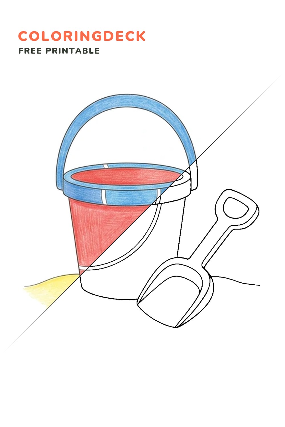 Tall Beach Bucket coloring page, free printable: half colored, half outline