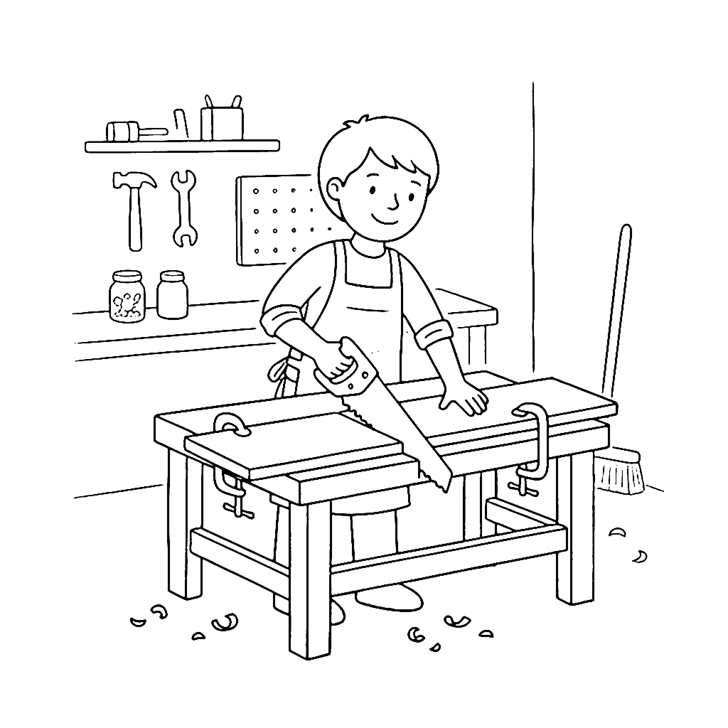 Carpenter Sawing Plank coloring page outline