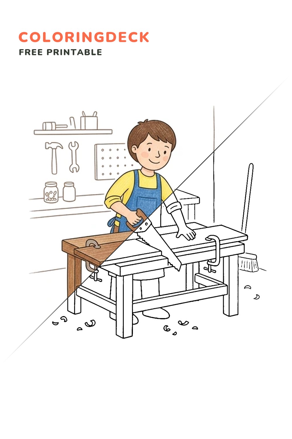 Carpenter Sawing Plank coloring page, free printable: half colored, half outline