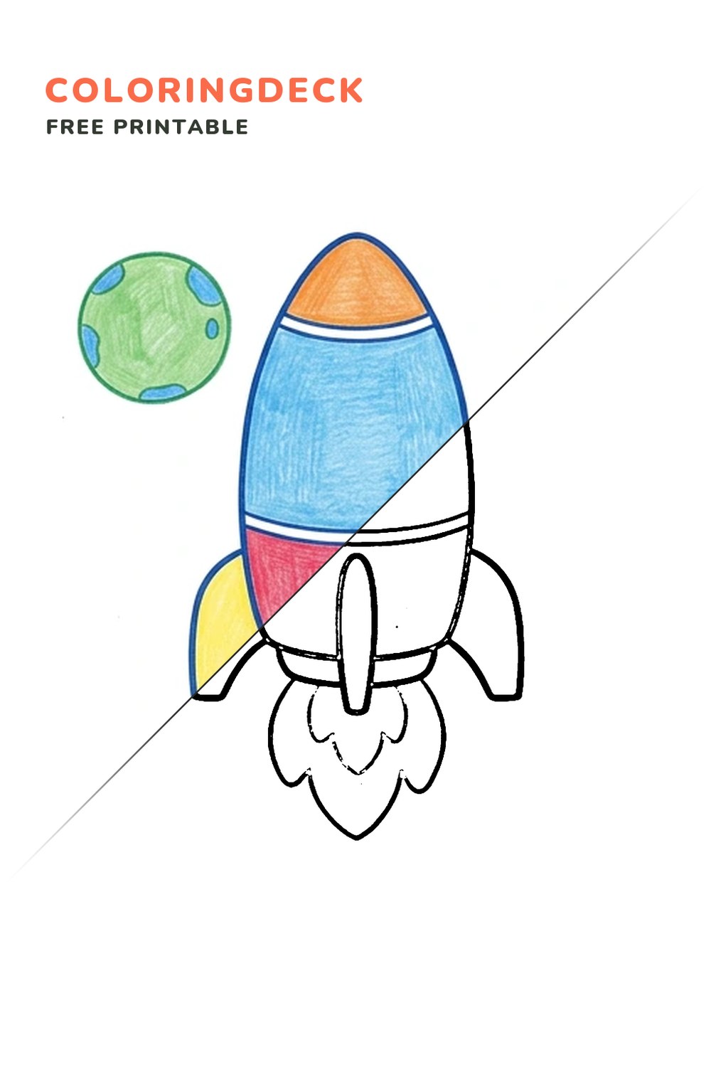 Simple Space Rocket coloring page, free printable: half colored, half outline