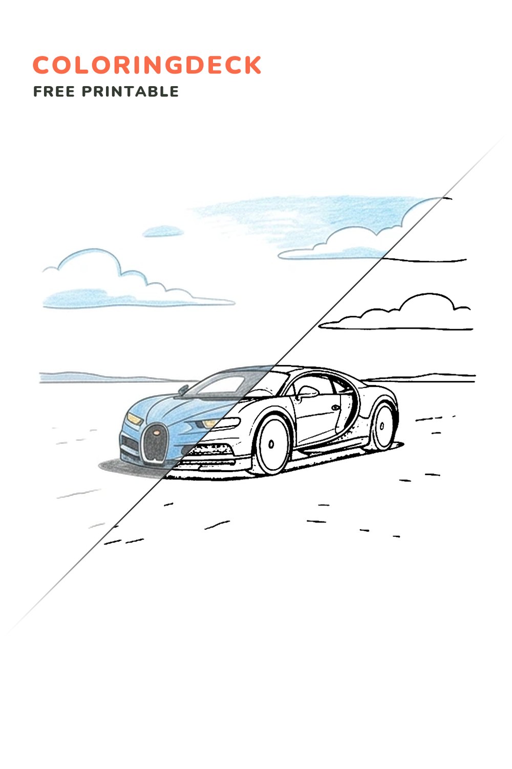 Bugatti Salt Flat coloring page, free printable: half colored, half outline