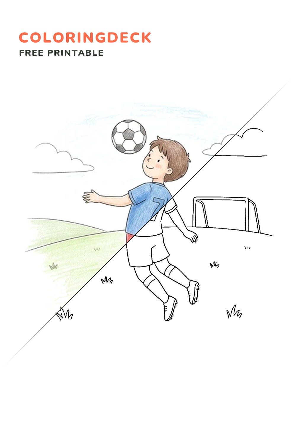 Soccer Header Practice coloring page, free printable: half colored, half outline