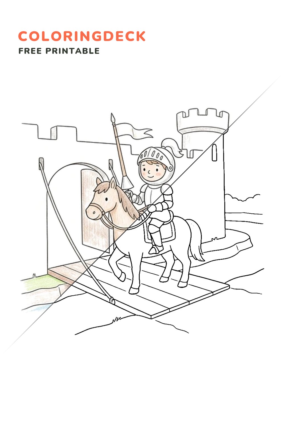 Knight Drawbridge Crossing coloring page, free printable: half colored, half outline