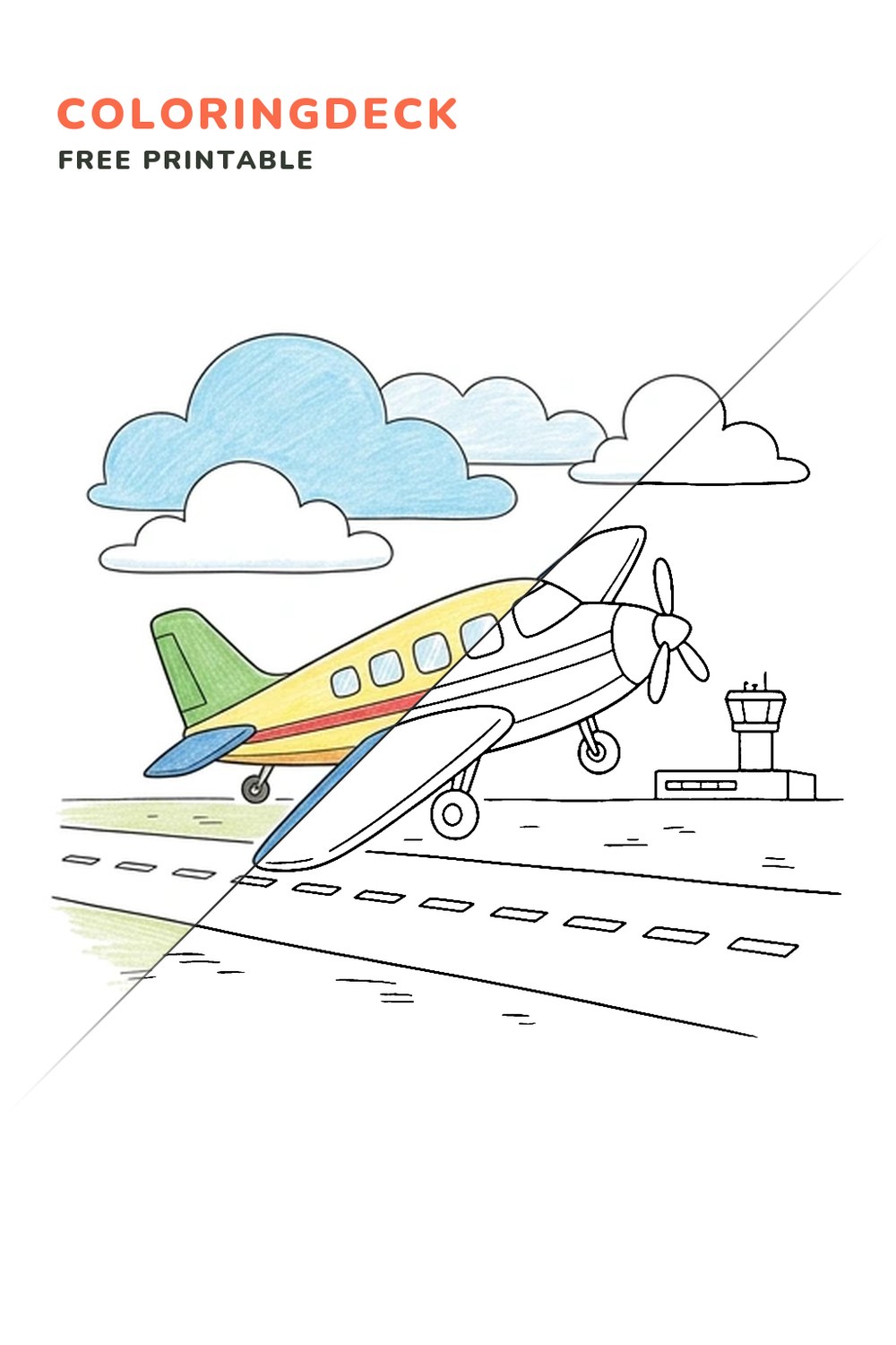 Airport Runway Takeoff coloring page, free printable: half colored, half outline