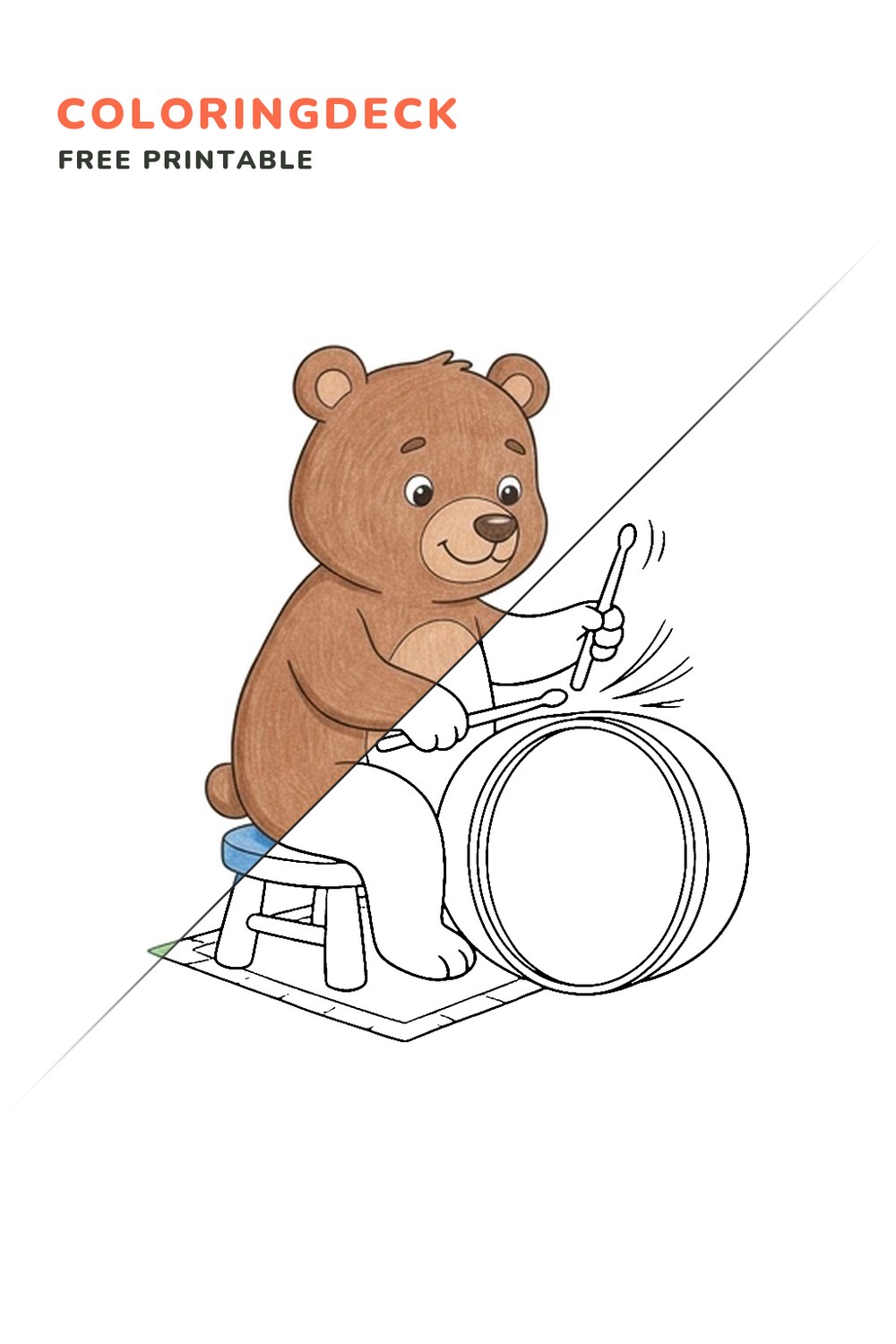 Bear Drum Practice coloring page, free printable: half colored, half outline