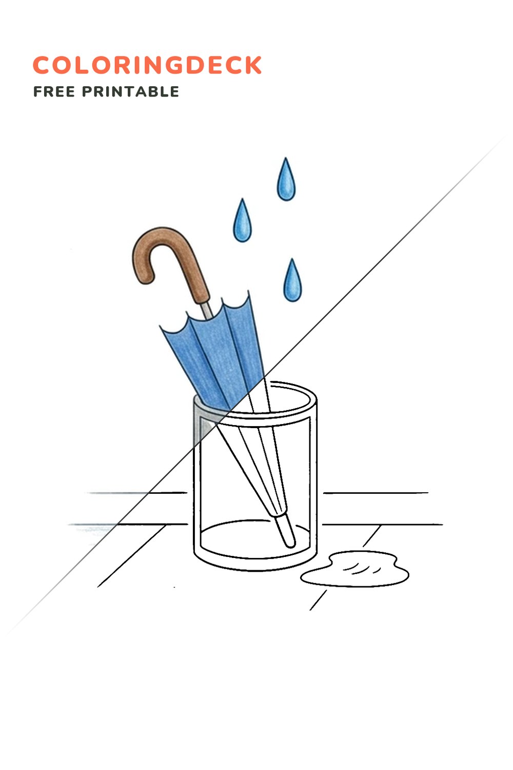 Rainy Umbrella Stand coloring page, free printable: half colored, half outline