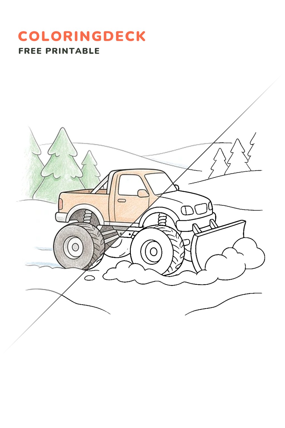Snowfield Plow Ride coloring page, free printable: half colored, half outline
