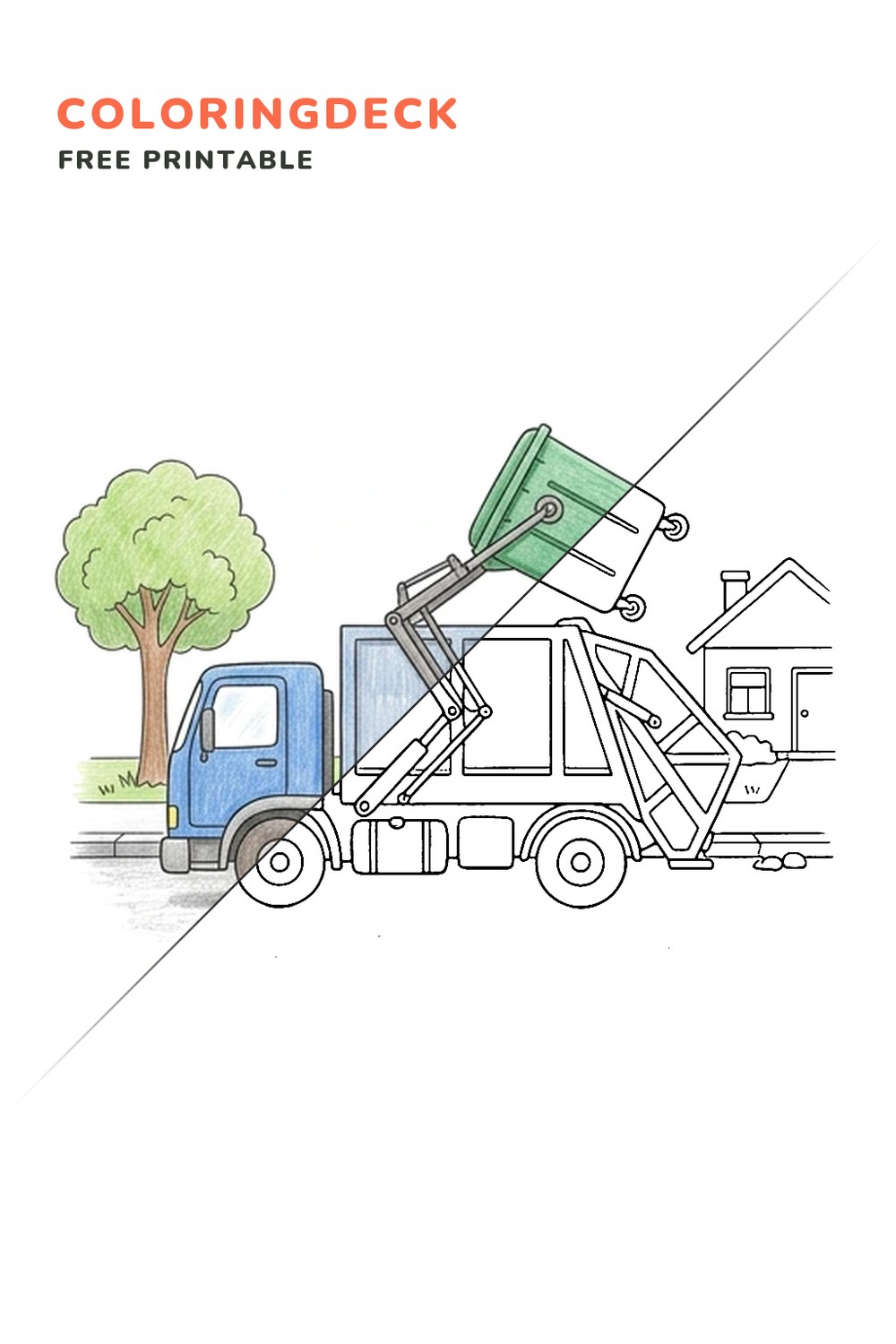 Garbage Truck Lift coloring page, free printable: half colored, half outline