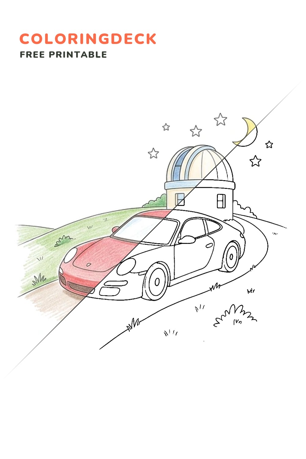 Porsche Observatory Road coloring page, free printable: half colored, half outline