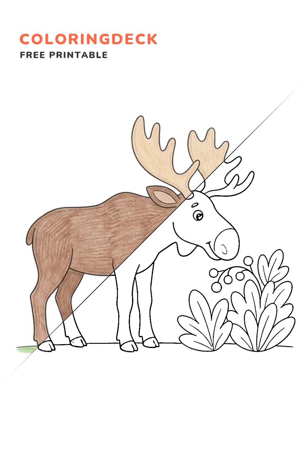 Moose Berry Snack coloring page, free printable: half colored, half outline