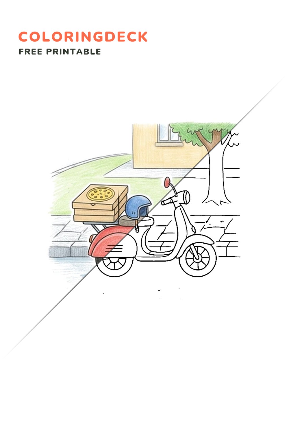 Pizza Delivery Scooter coloring page, free printable: half colored, half outline