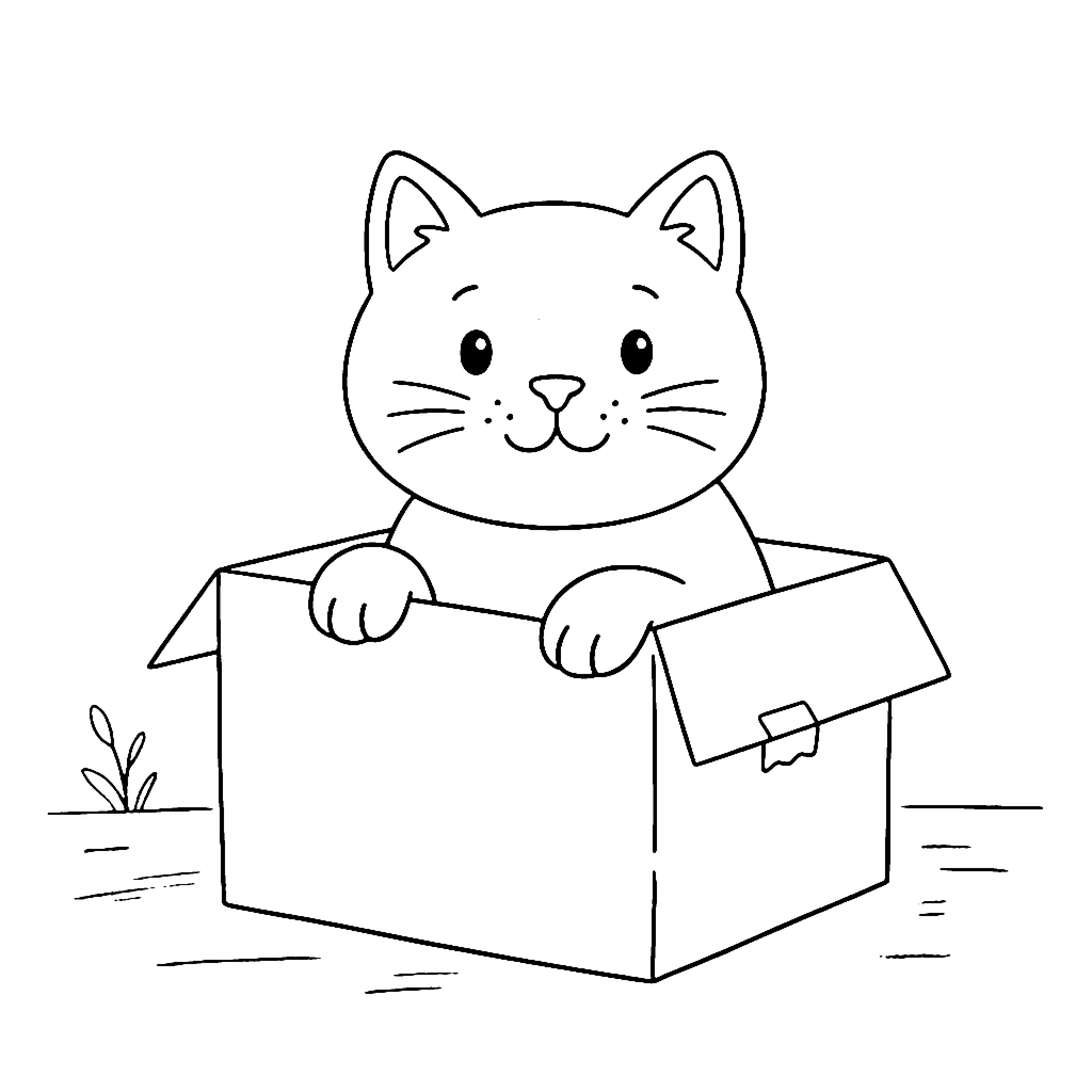 Cat coloring page: Cat In Box, outline to print