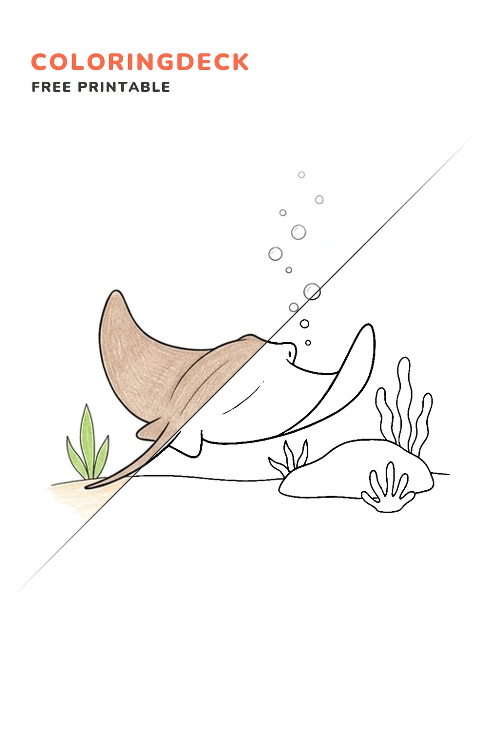 Stingray Sand Sweep coloring page, free printable: half colored, half outline