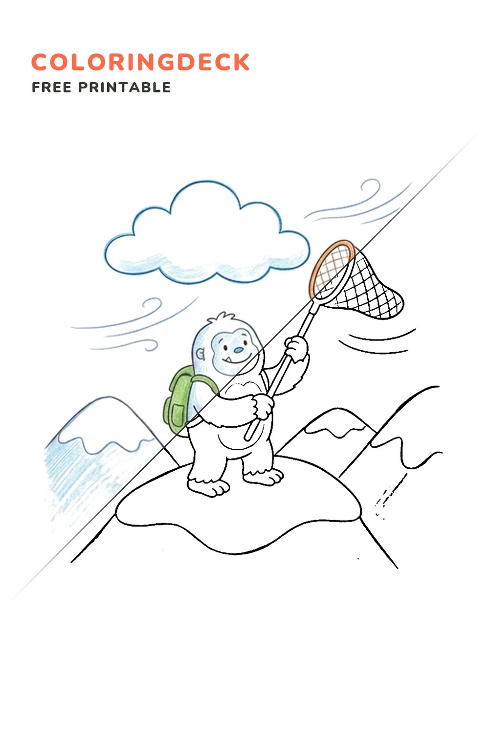 Yeti Cloud Catcher coloring page, free printable: half colored, half outline