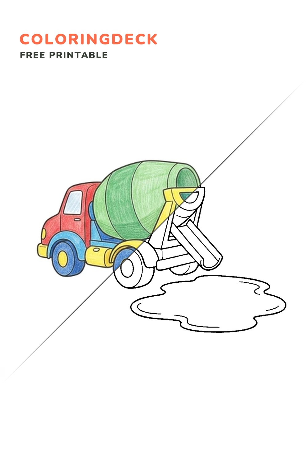 Mixer Pouring Concrete coloring page, free printable: half colored, half outline