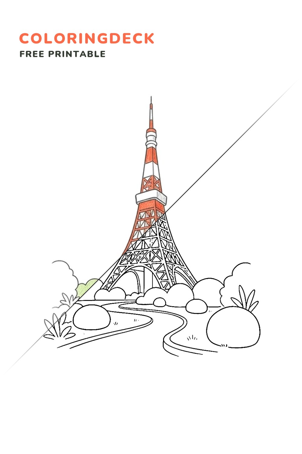 Tokyo Tower Garden coloring page, free printable: half colored, half outline