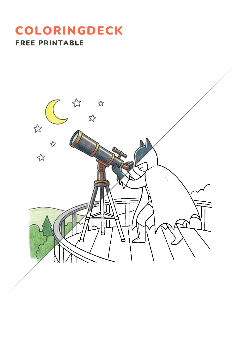 Bat Hero Observatory coloring page, free printable: half colored, half outline