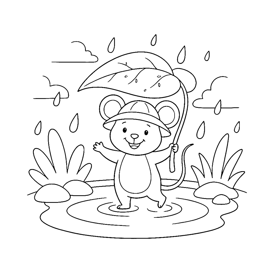 Mouse coloring page: Mouse Rainy Puddle, outline to print