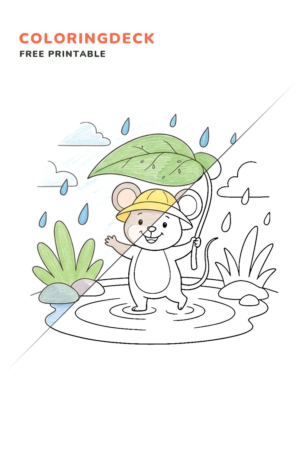 Mouse Rainy Puddle coloring page, free printable: half colored, half outline