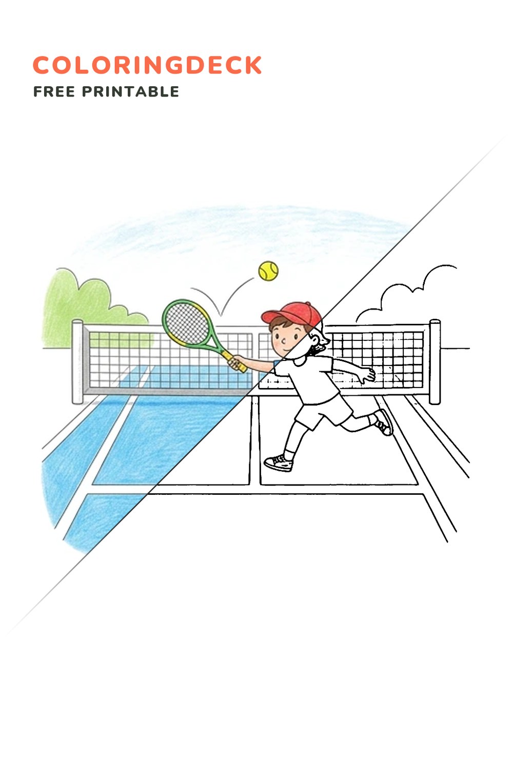 Tennis Court Volley coloring page, free printable: half colored, half outline