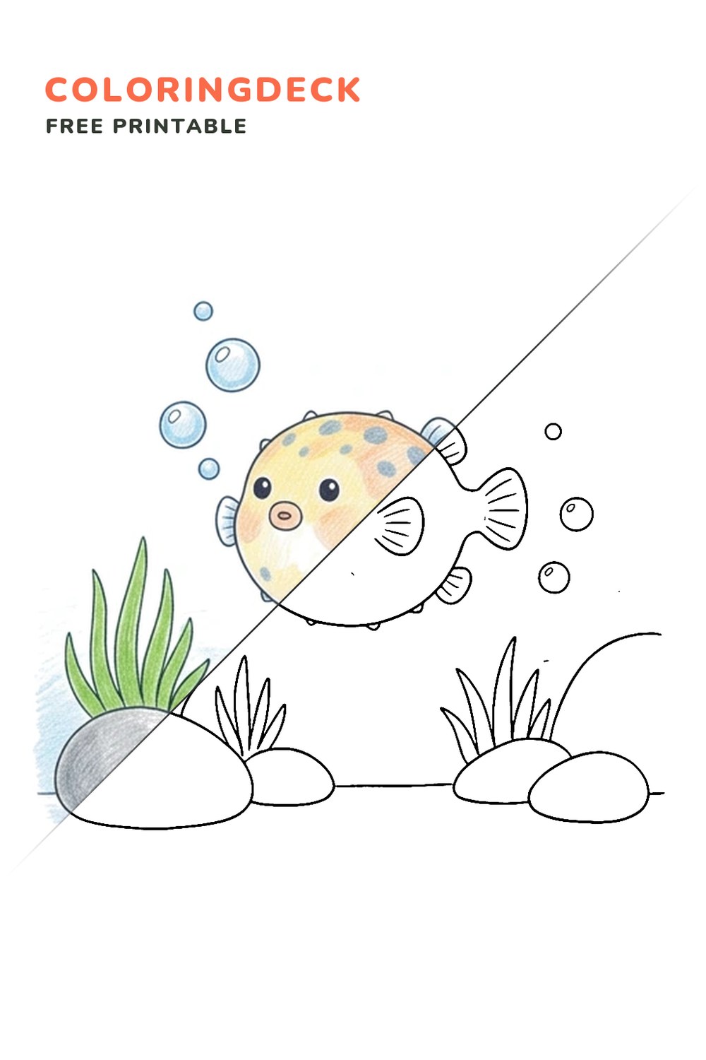 Pufferfish Bubble Rise coloring page, free printable: half colored, half outline