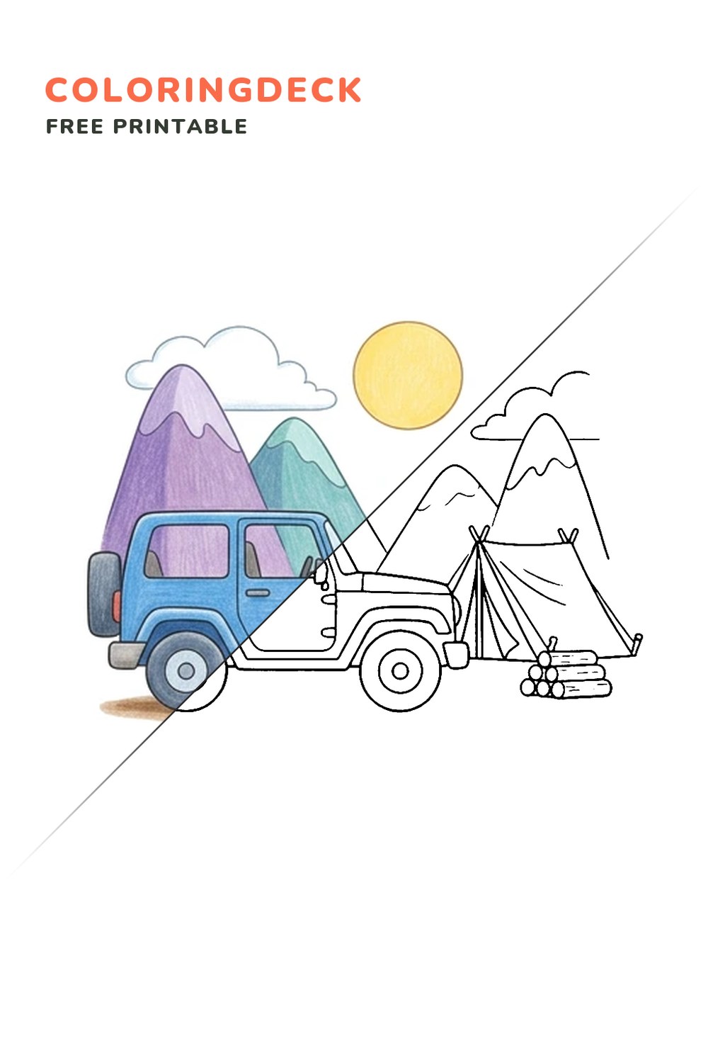 Jeep Mountain Camp coloring page, free printable: half colored, half outline