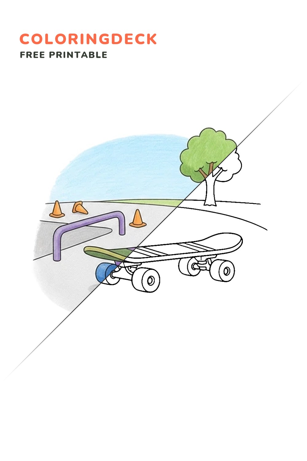 Skateboard Park Course coloring page, free printable: half colored, half outline