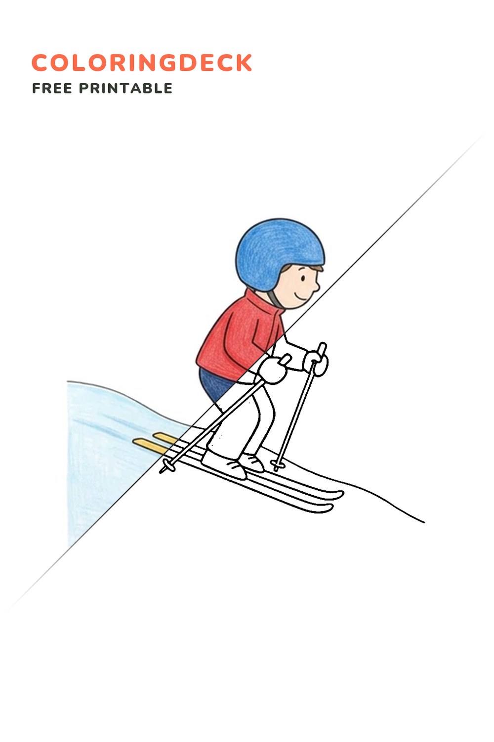 Gentle Hill Skier coloring page, free printable: half colored, half outline
