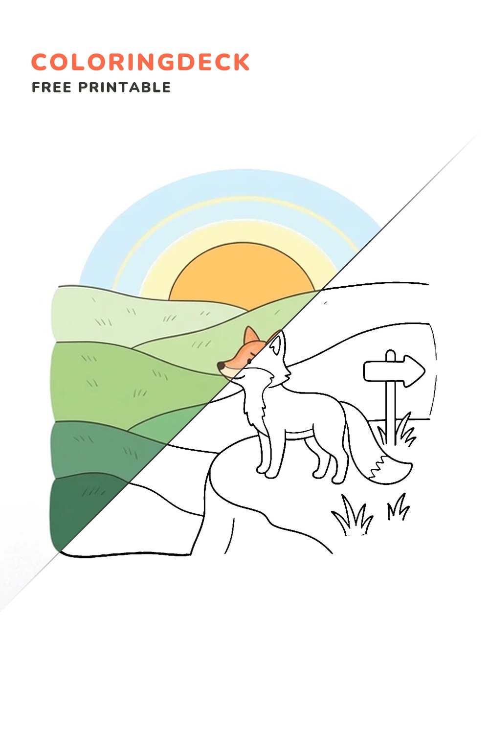 Fox Mountain Lookout coloring page, free printable: half colored, half outline