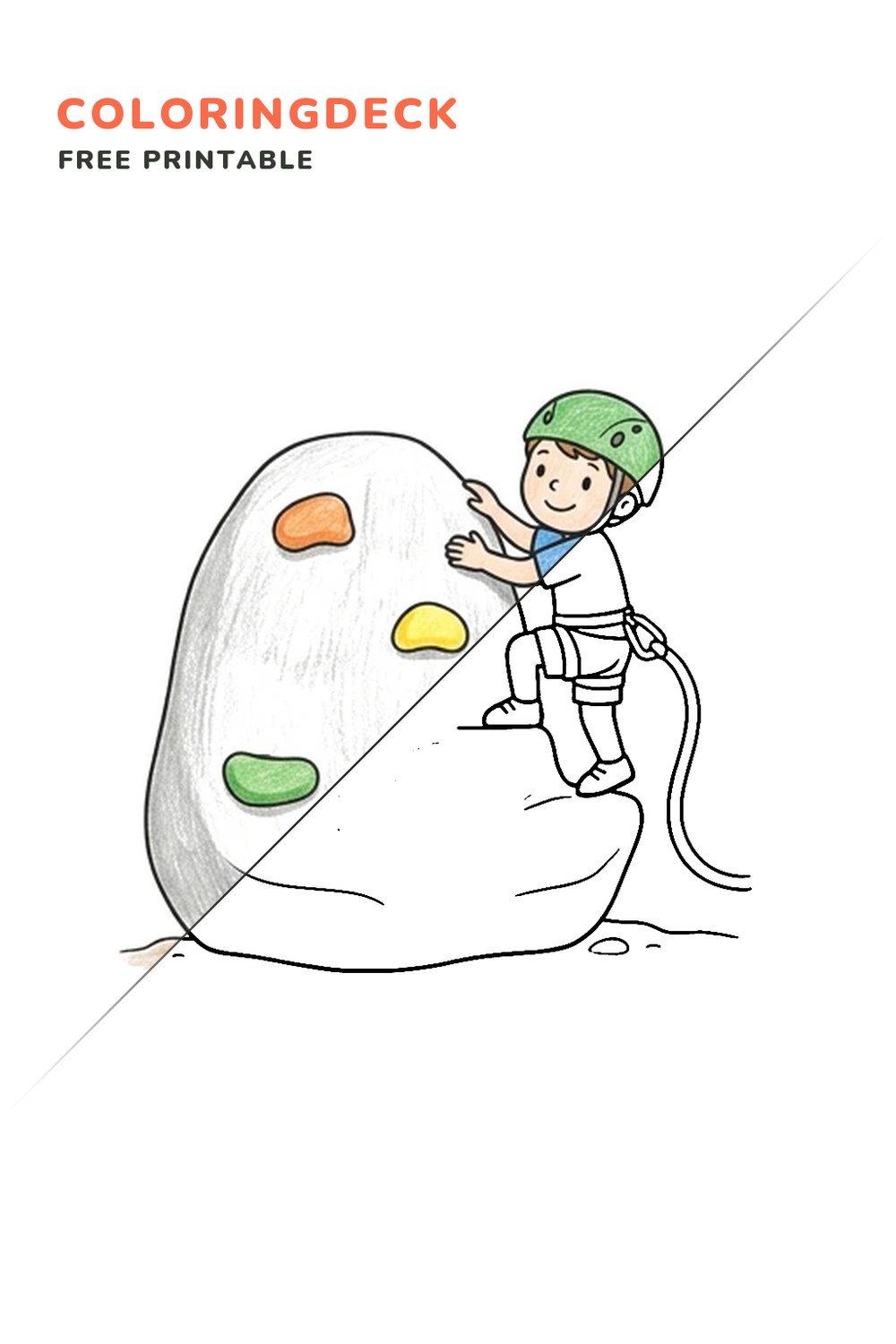 Low Boulder Climb coloring page, free printable: half colored, half outline