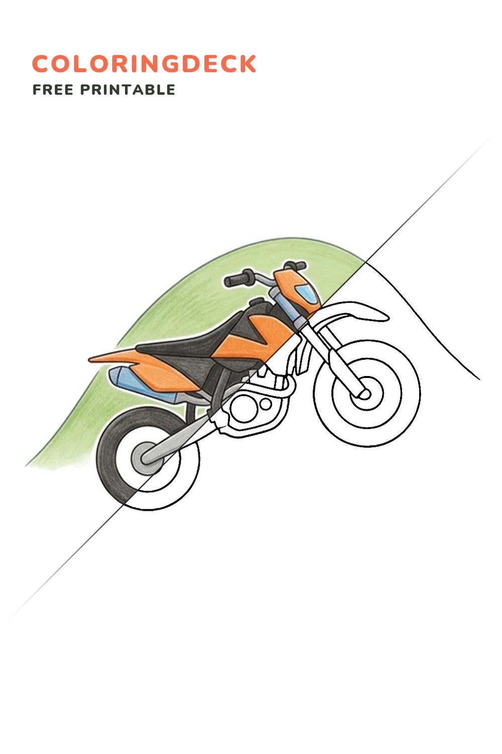Hill Climb coloring page, free printable: half colored, half outline