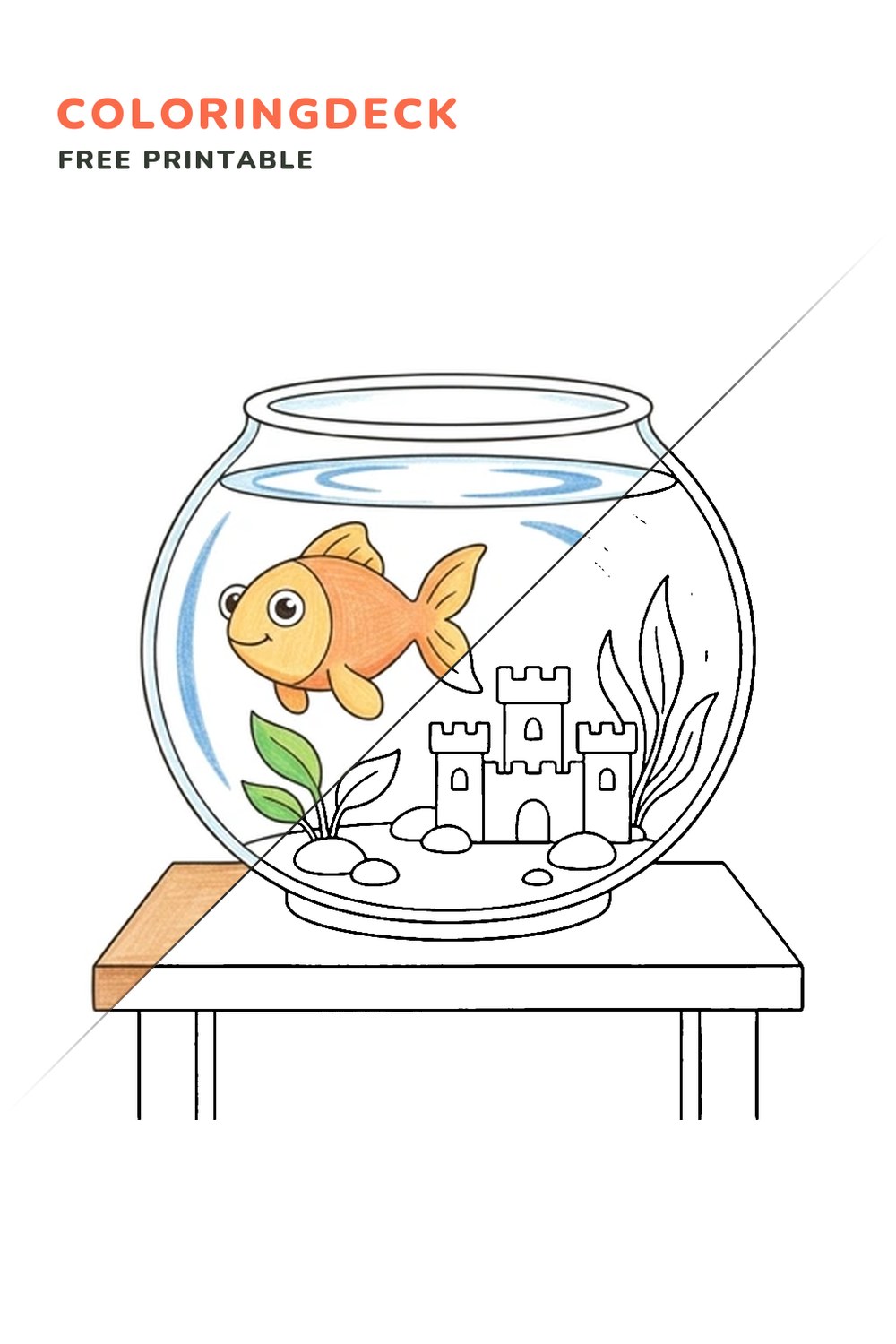 Goldfish Bowl Castle coloring page, free printable: half colored, half outline