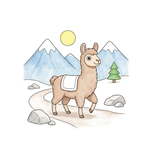 Llama coloring page: Llama Trail Walk, colored example