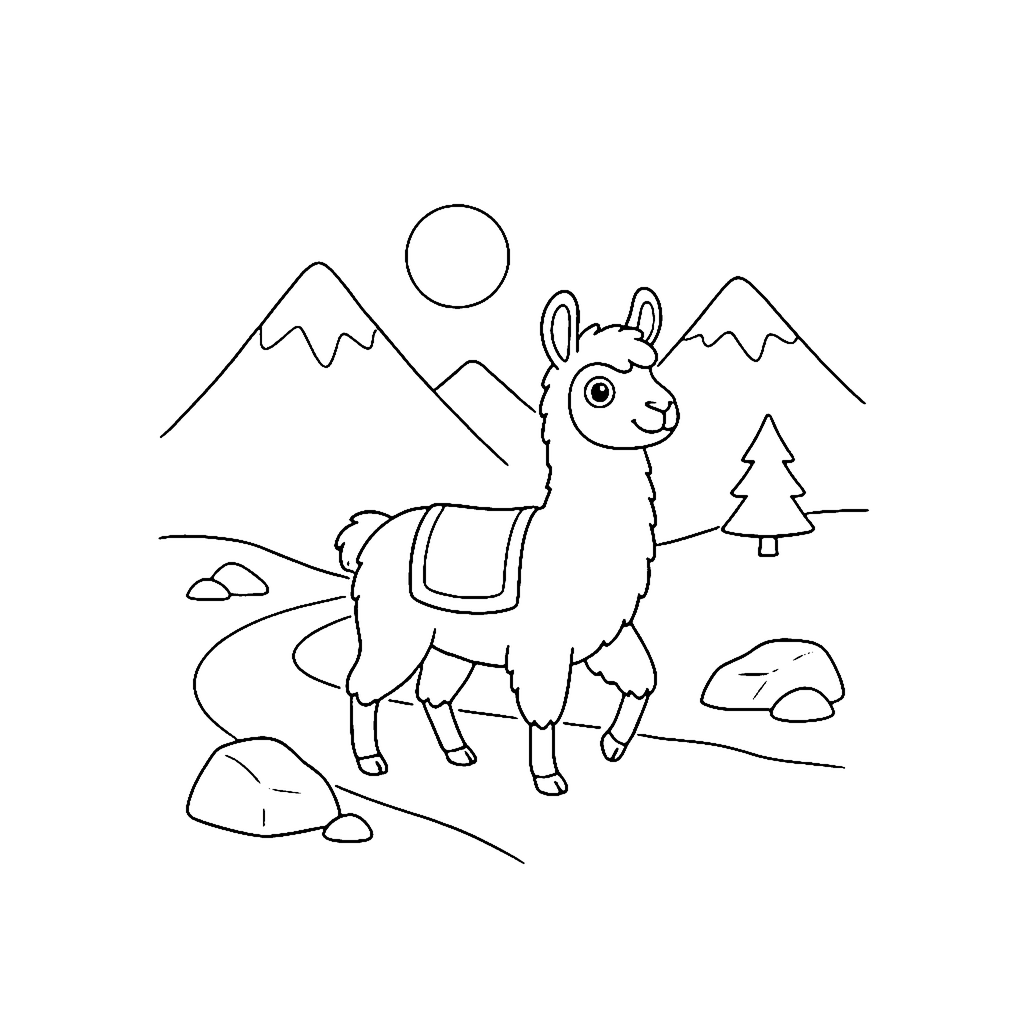 Llama coloring page: Llama Trail Walk, outline to print