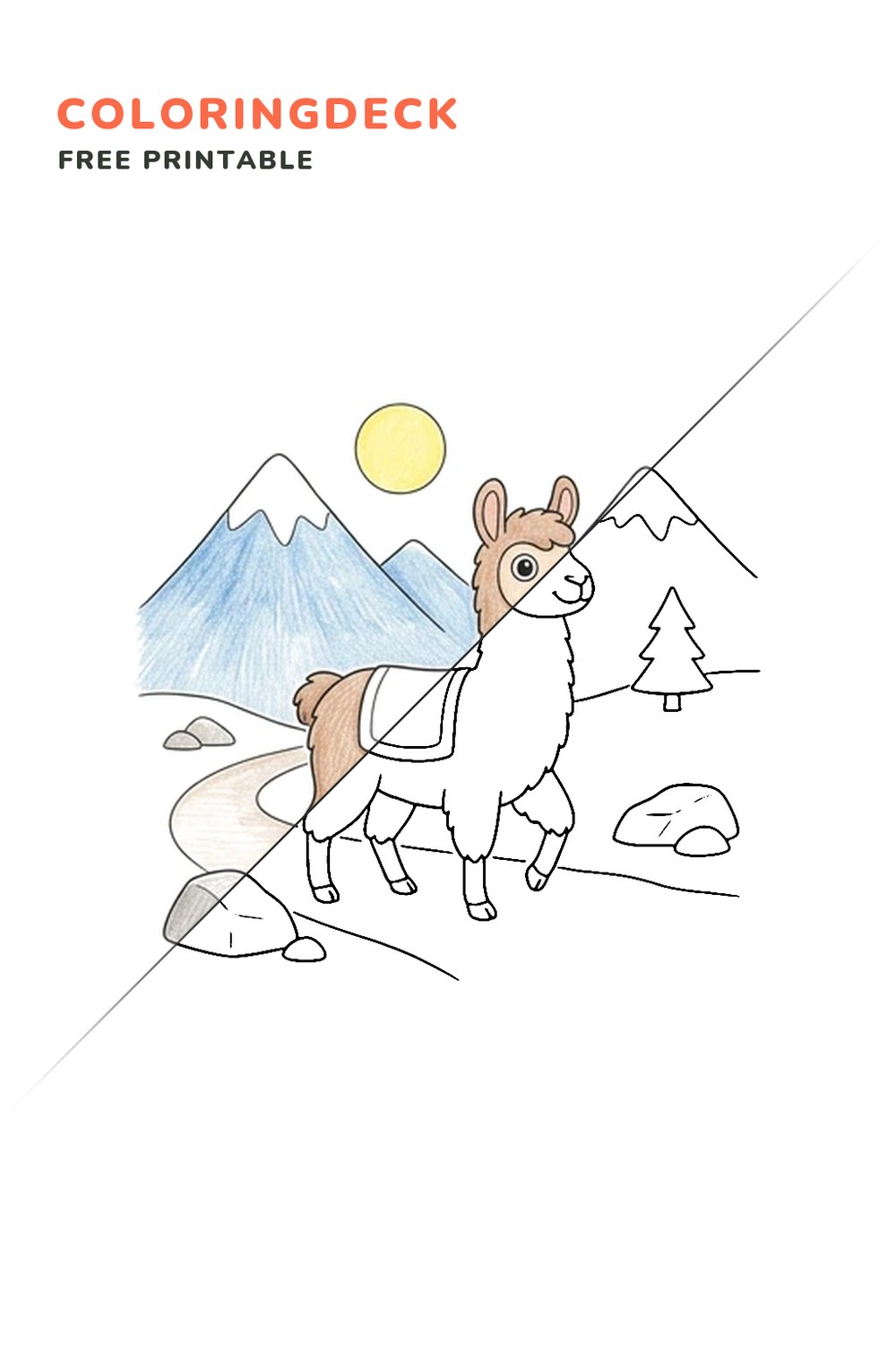 Llama Trail Walk coloring page, free printable: half colored, half outline
