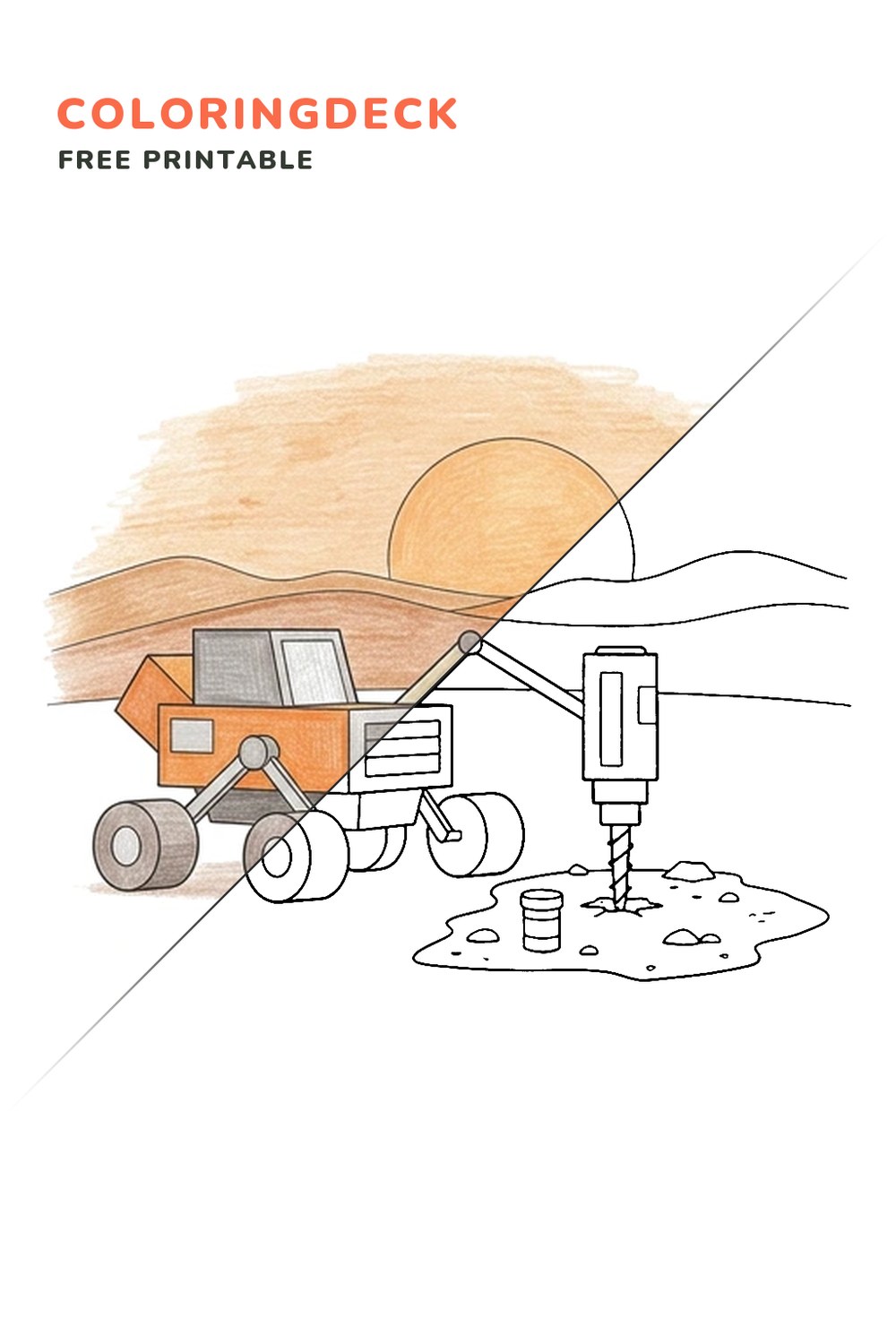 Mars Sample Drill coloring page, free printable: half colored, half outline