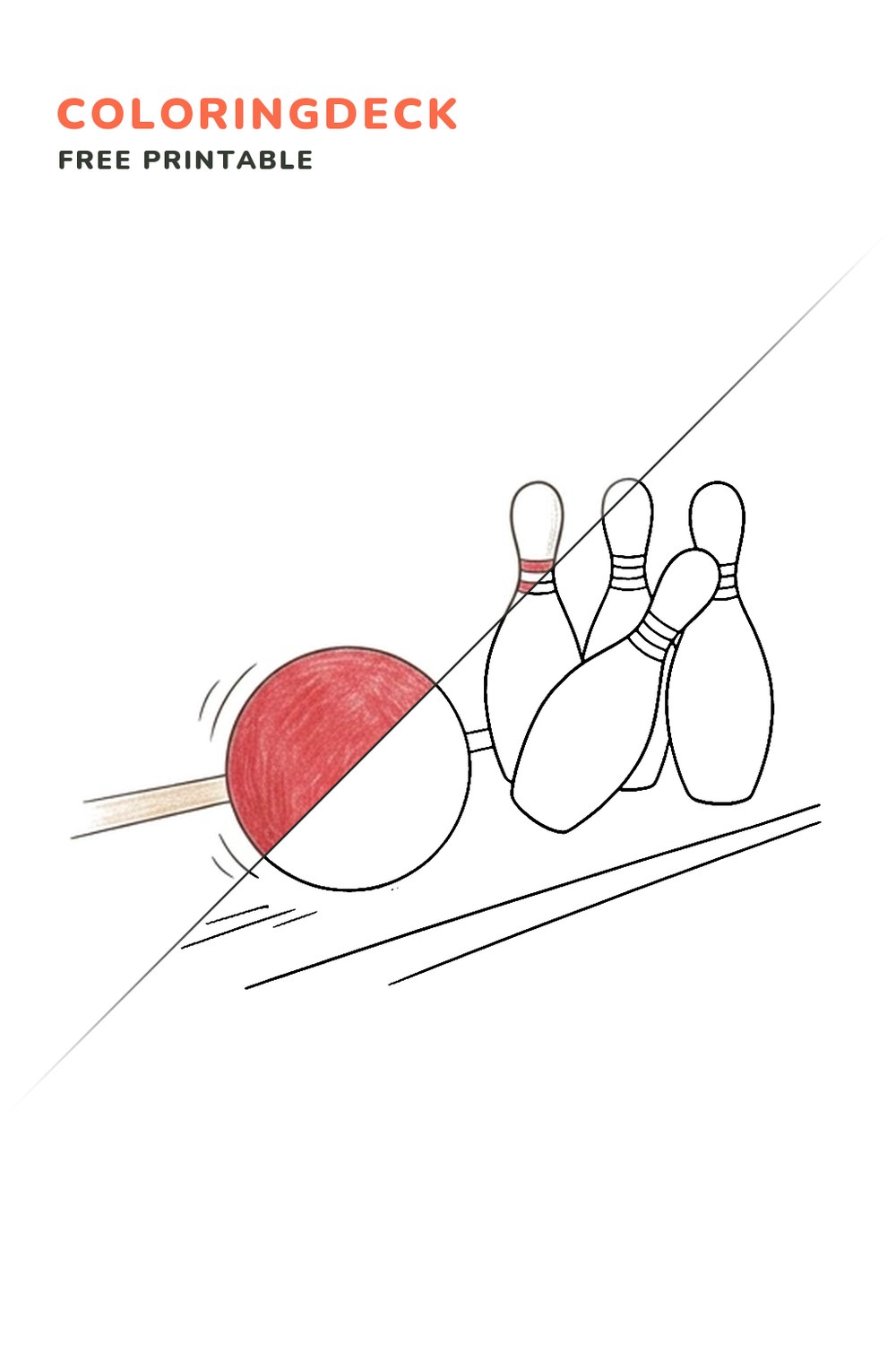 Bowling Pin Strike coloring page, free printable: half colored, half outline