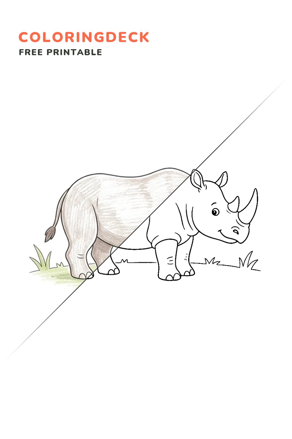 Rhino Grass Rest coloring page, free printable: half colored, half outline