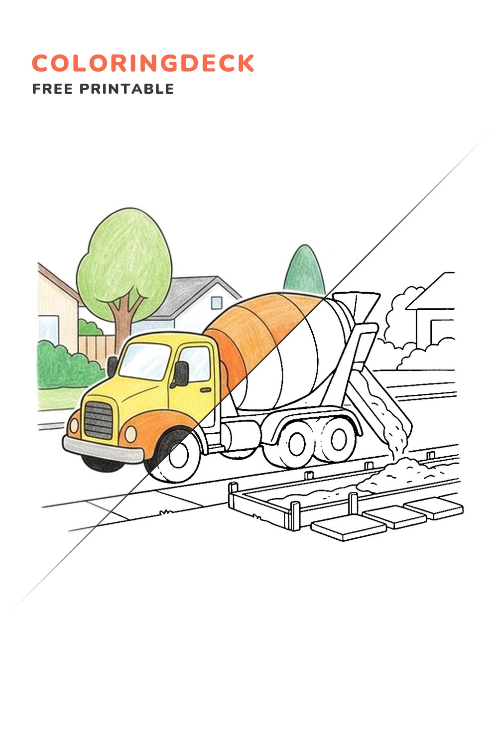 Mixer At Curb coloring page, free printable: half colored, half outline