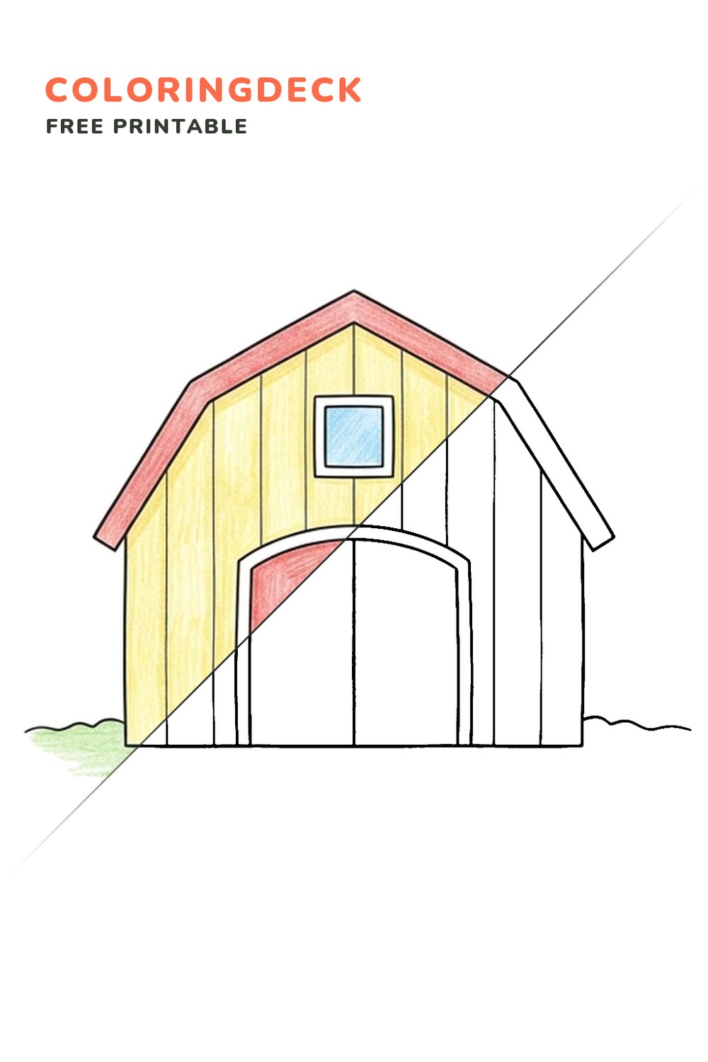 Simple Farm Barn coloring page, free printable: half colored, half outline