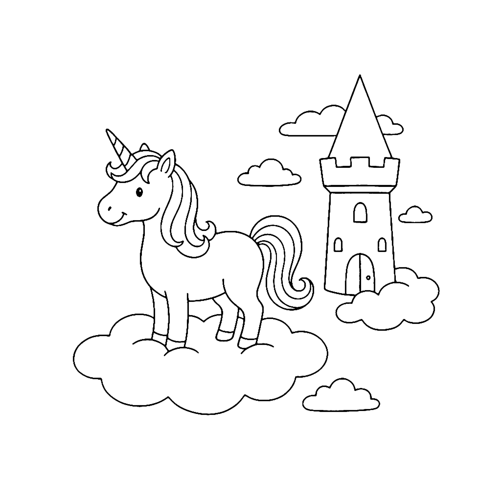 Unicorn Cloud Castle coloring page outline
