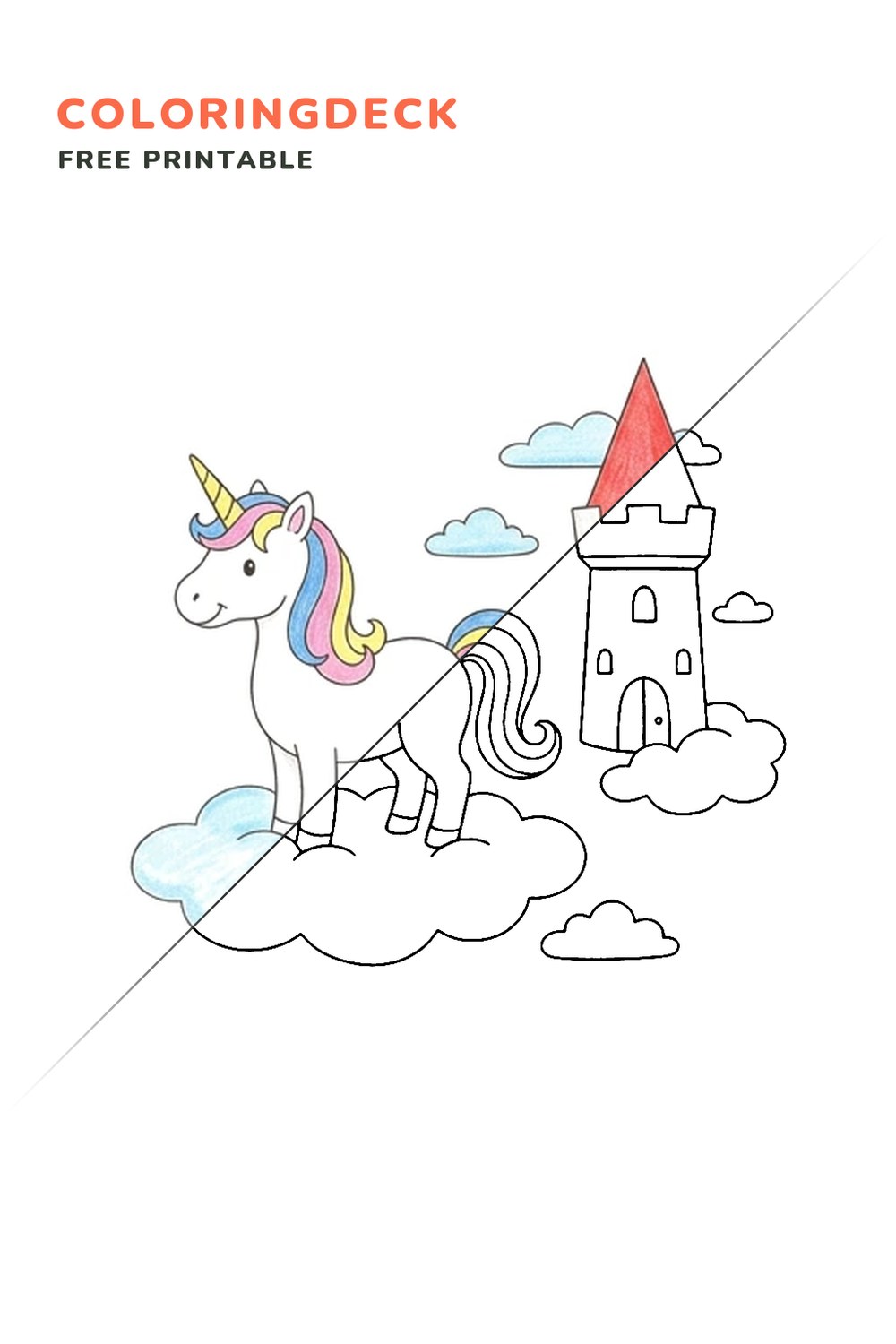 Unicorn Cloud Castle coloring page, free printable: half colored, half outline