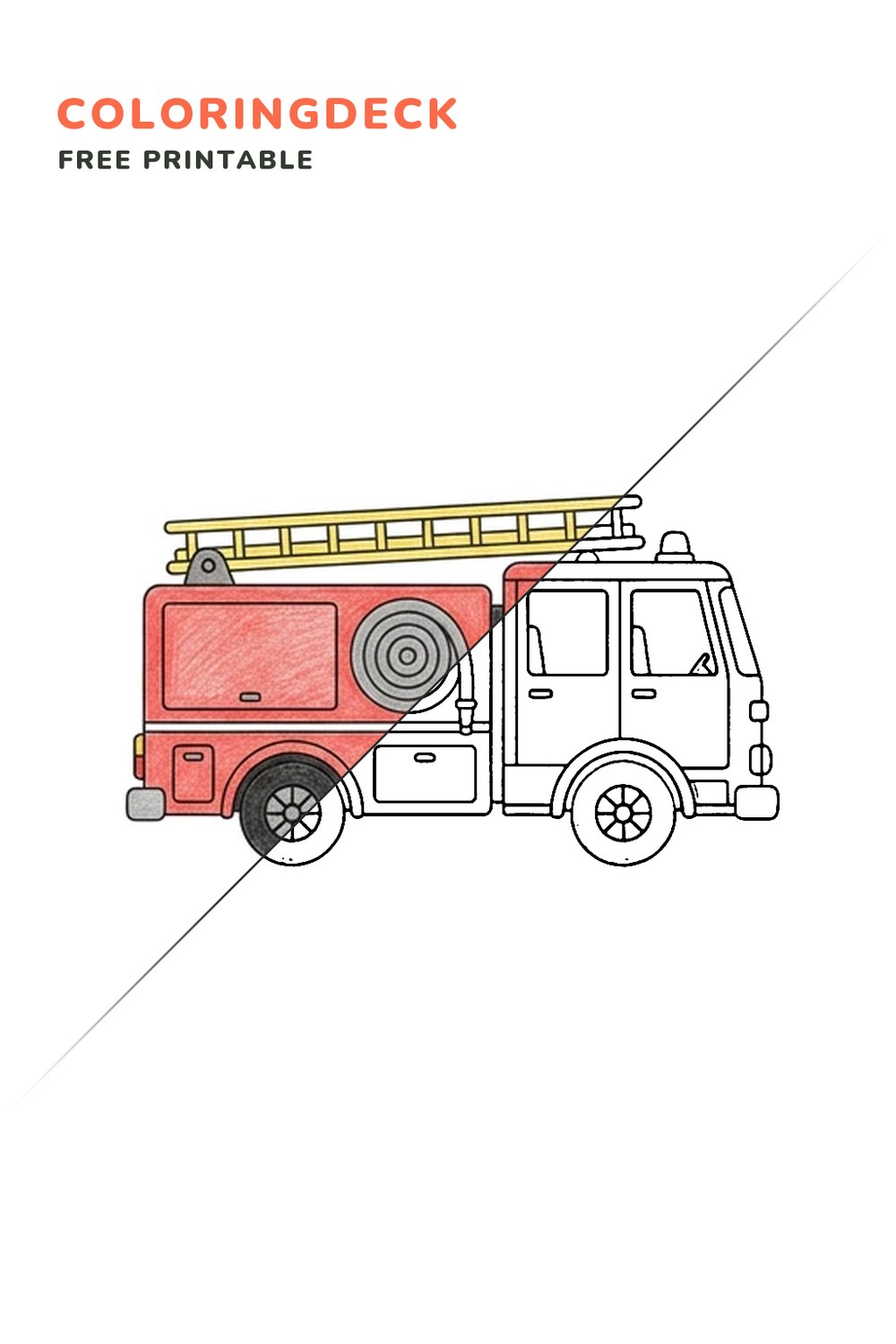 Red Fire Truck coloring page, free printable: half colored, half outline