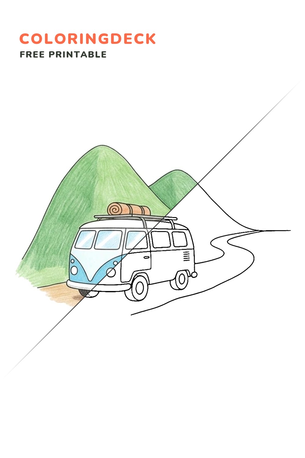 Van Mountain View coloring page, free printable: half colored, half outline